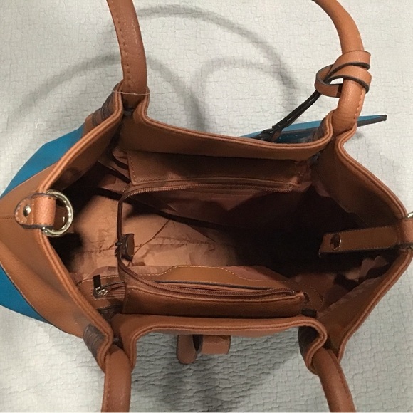 NWT Black Rivet 3-in-1 Handbag Shoulder Tote Zipper Carry-All Turquoise & Brown - Picture 9 of 11